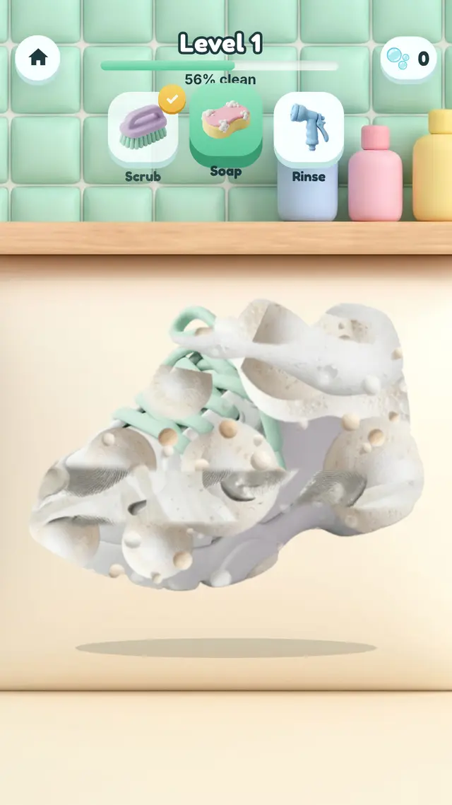 Bubble Wash level 1: a foamy sneaker being scrubbed clean