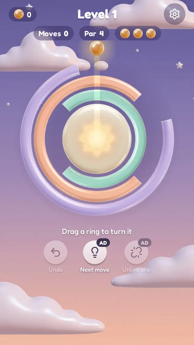 Ring Haven level 1: nested pearl rings with a glowing orb