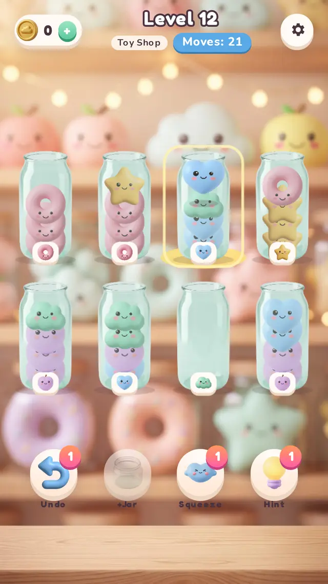 Squish Sort: squishy toys sorted by color in glass jars